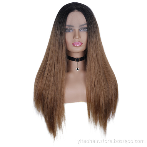 Black roots Brown T#4/30 Lace Front Wig Heat Resist Fiber Silk Straight Hair Wig synthetic  lace front wigs with baby hair